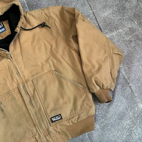 Men's Walls Work Wear Brown Duck Canvas Fleece Lined Hooded Zip Up Jacket Sz L - Picture 2 of 5